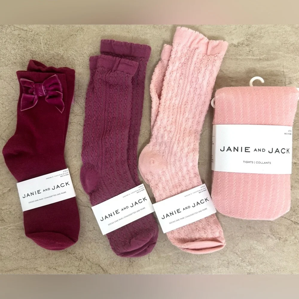 Janie and Jack Pointelle Tight, Velvet Bow Socks & Knee High Pointelle socks-2